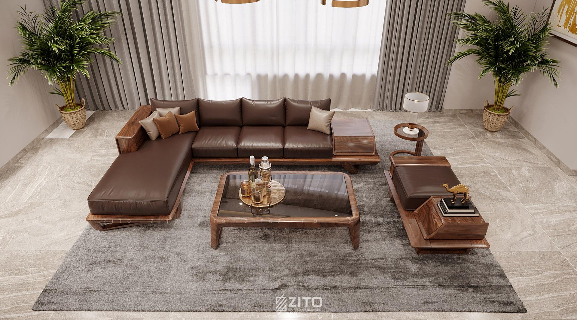 Sofa gỗ óc chó ZG 175 với thiết kế L hiện đại, thông minh tối ưu hóa không gian 